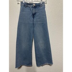 Zara Kids Girls Wide Leg Jeans Medium Wash Raw Hem Adjustable Waist Size 9 134cm